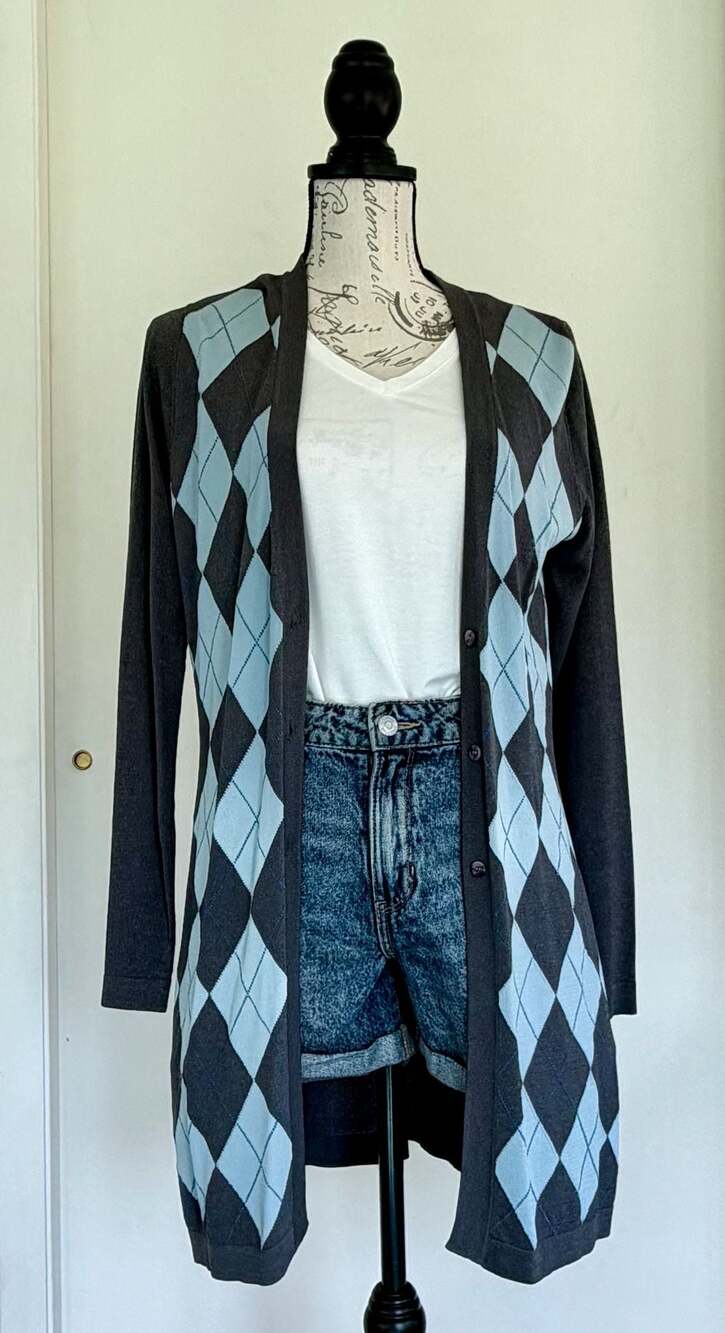 Grace Dane Lewis Argyle-knit cardigan, grey and light blue Medium